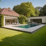 Una piscina grande con una cubierta retráctil de color azul claro, parcialmente abierta. Se observan detalles de la estructura de la cubierta y su mecanismo de deslizamiento, resaltando la importancia de la durabilidad y la facilidad de uso al seleccionar cubiertas para piscinas.