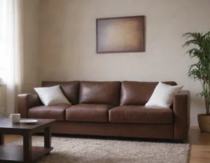 sofá marrón de piel decorado