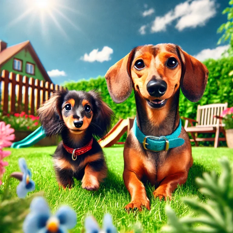 comparativa entre un teckel salchicha mini y un kaninchen jugando en un jardín soleado